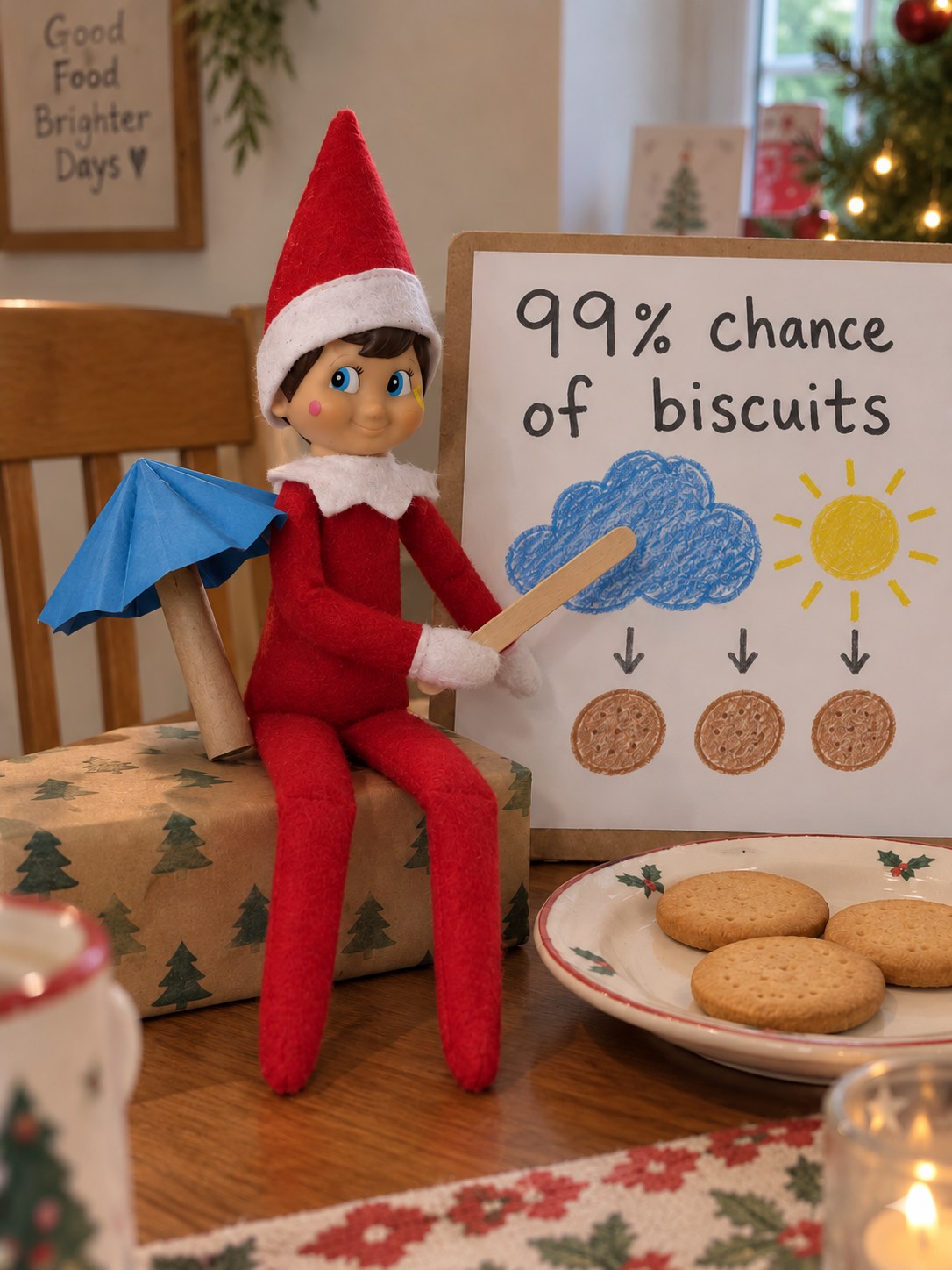 Tom’s elf pointing at a hand-drawn weather board reading 99% chance of biscuits, beside a blue paper umbrella and plate of biscuits.