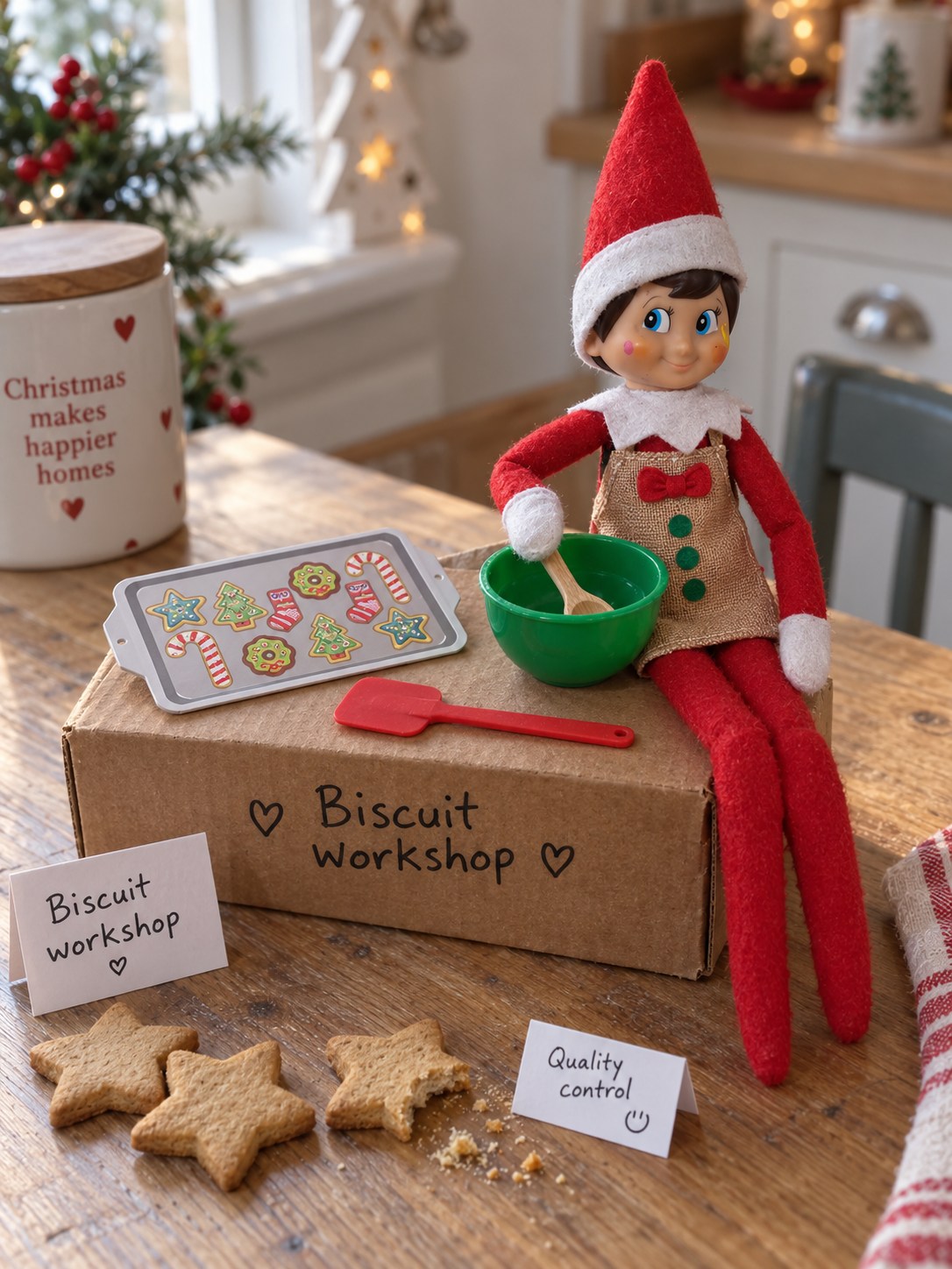 Tom’s elf in a gingerbread apron at a cardboard biscuit workbench with a green mixing bowl, printed baking tray and star biscuits.