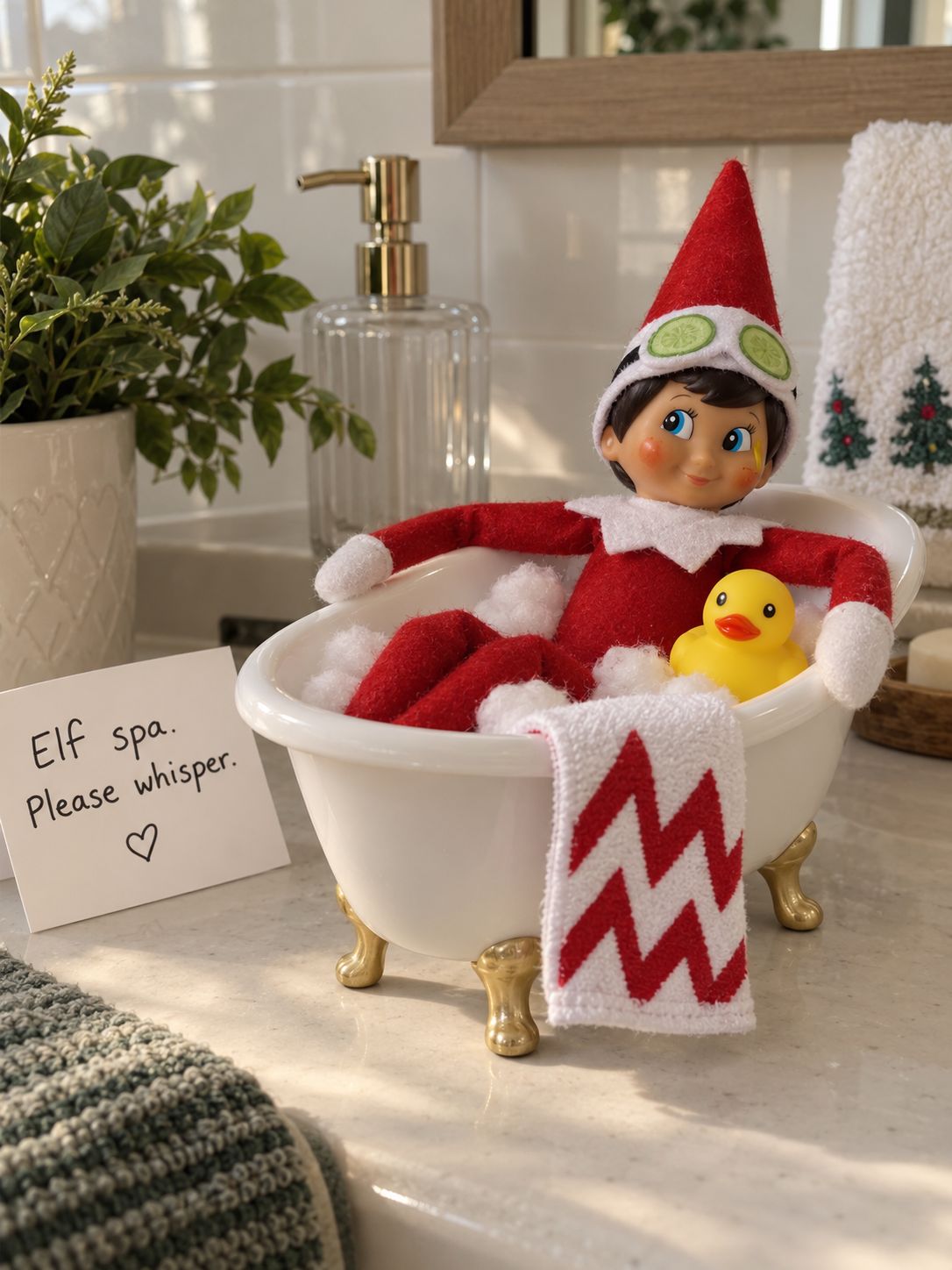 Tom the elf relaxing in a miniature white bath with cotton-wool bubbles and a rubber duck