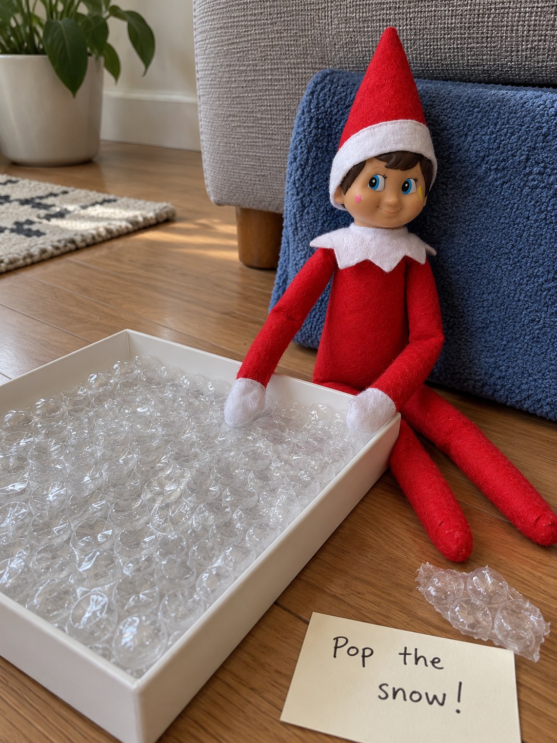 Tom’s elf beside a white tray of clear bubble wrap with a handwritten Pop the snow note on the wooden floor.