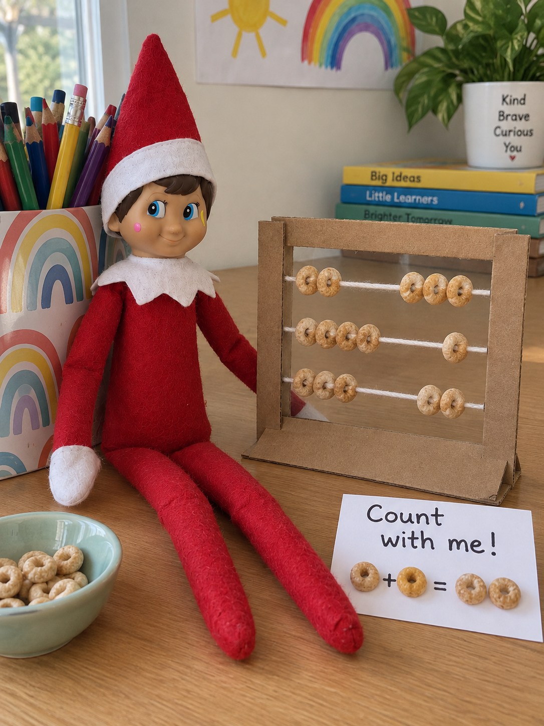 Tom’s elf beside a cardboard counting frame with three strings of cereal hoops and a Count with me note.
