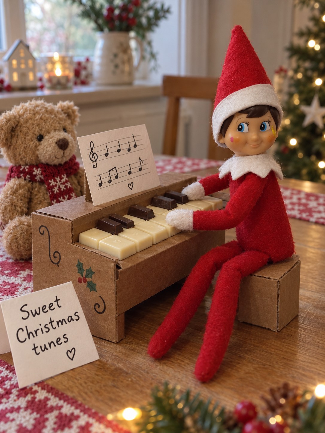 Tom’s elf playing a cardboard piano with white and dark chocolate keys for a teddy audience