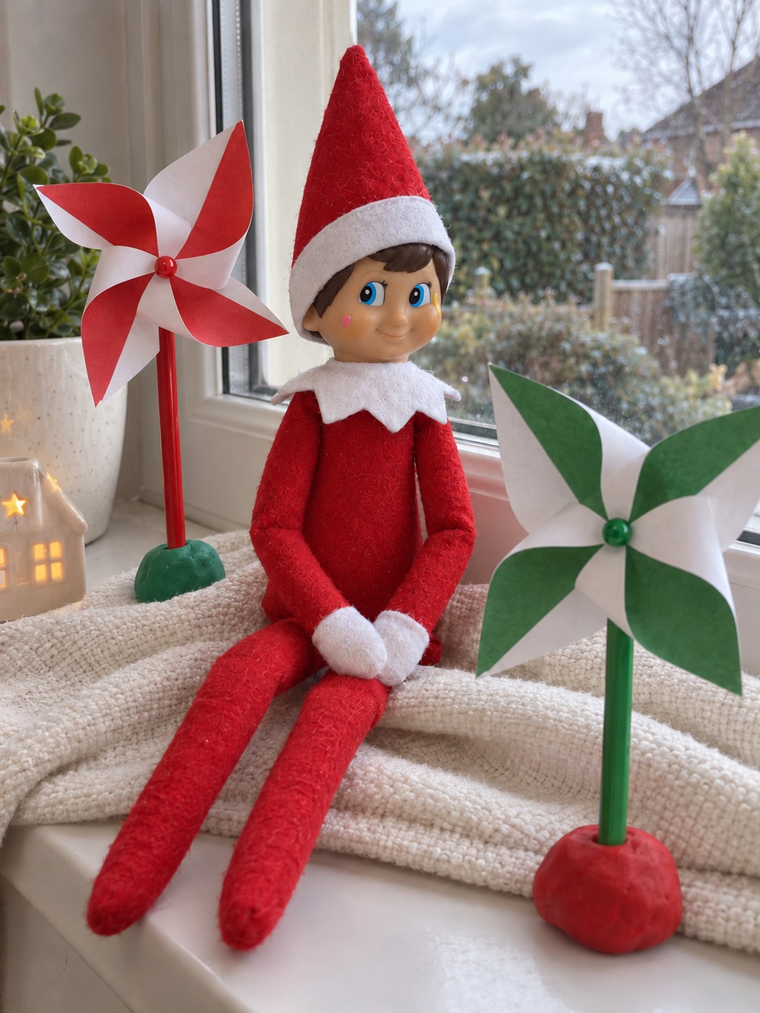 Tom’s elf beside two four-bladed red-and-white and green-and-white paper pinwheels on pencil stems with a Christmas breeze note.