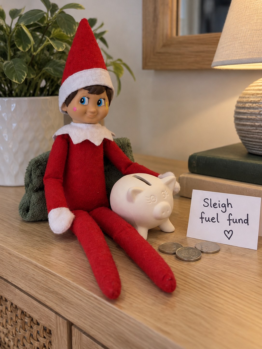 Tom’s elf beside a small plain white ceramic piggy bank, a few silver coins and a Sleigh fuel fund note.