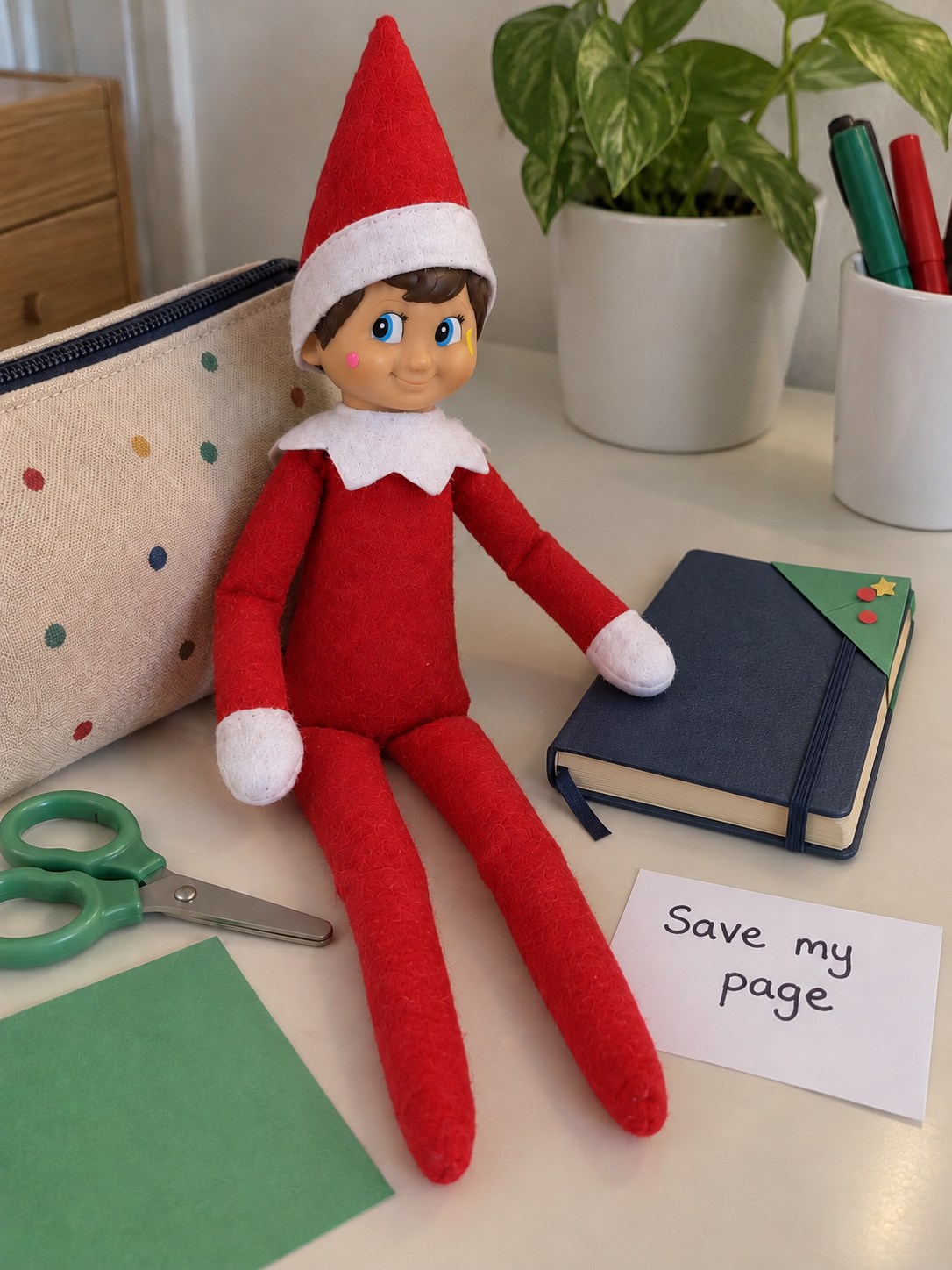 Tom’s elf beside a navy notebook with a green folded-paper Christmas bookmark fitted over a page corner.