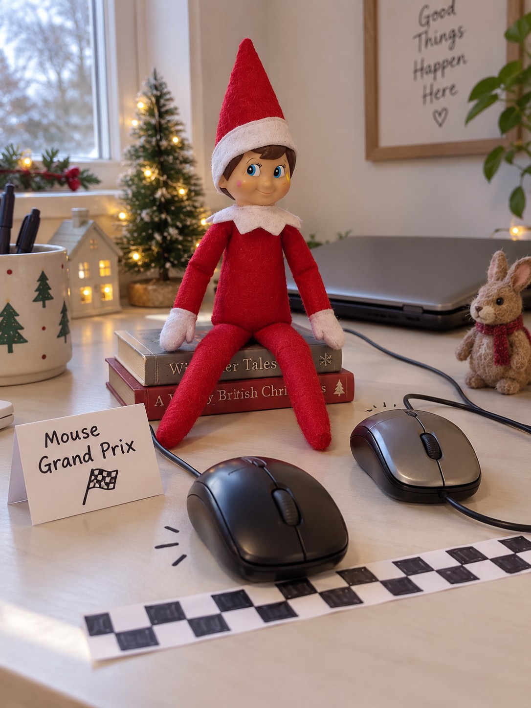 Tom’s elf watching two wired computer mice race towards a homemade chequered finish line
