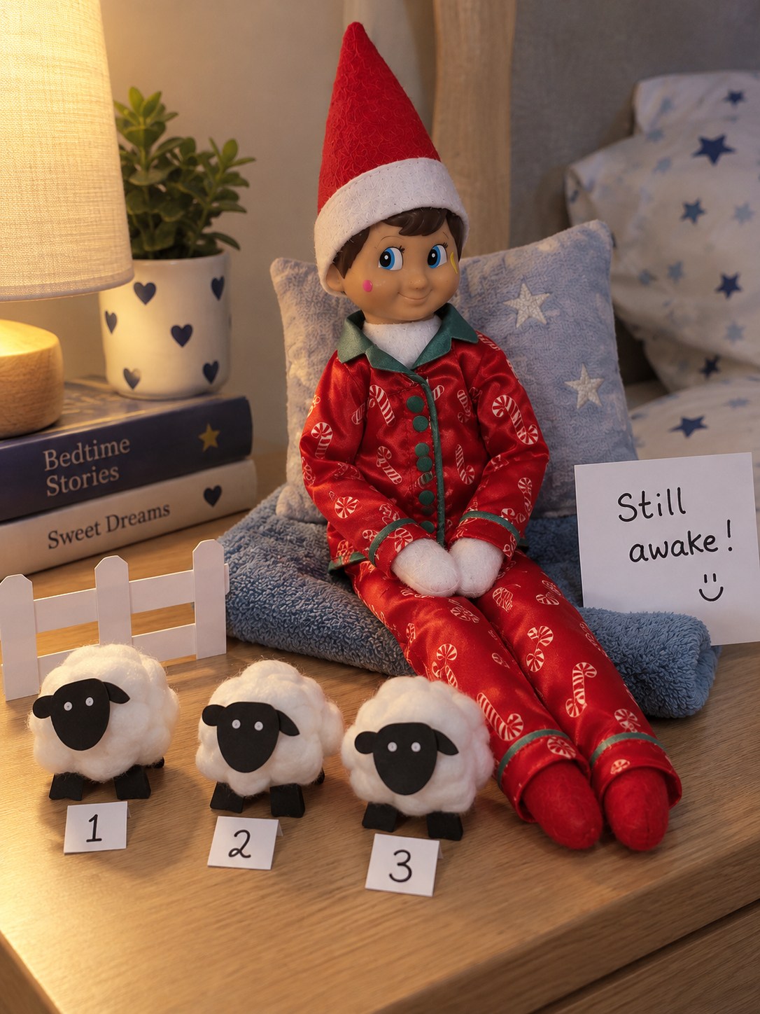 Tom’s elf in red and green satin pyjamas beside three cotton-wool sheep with number cards and a Still awake note.