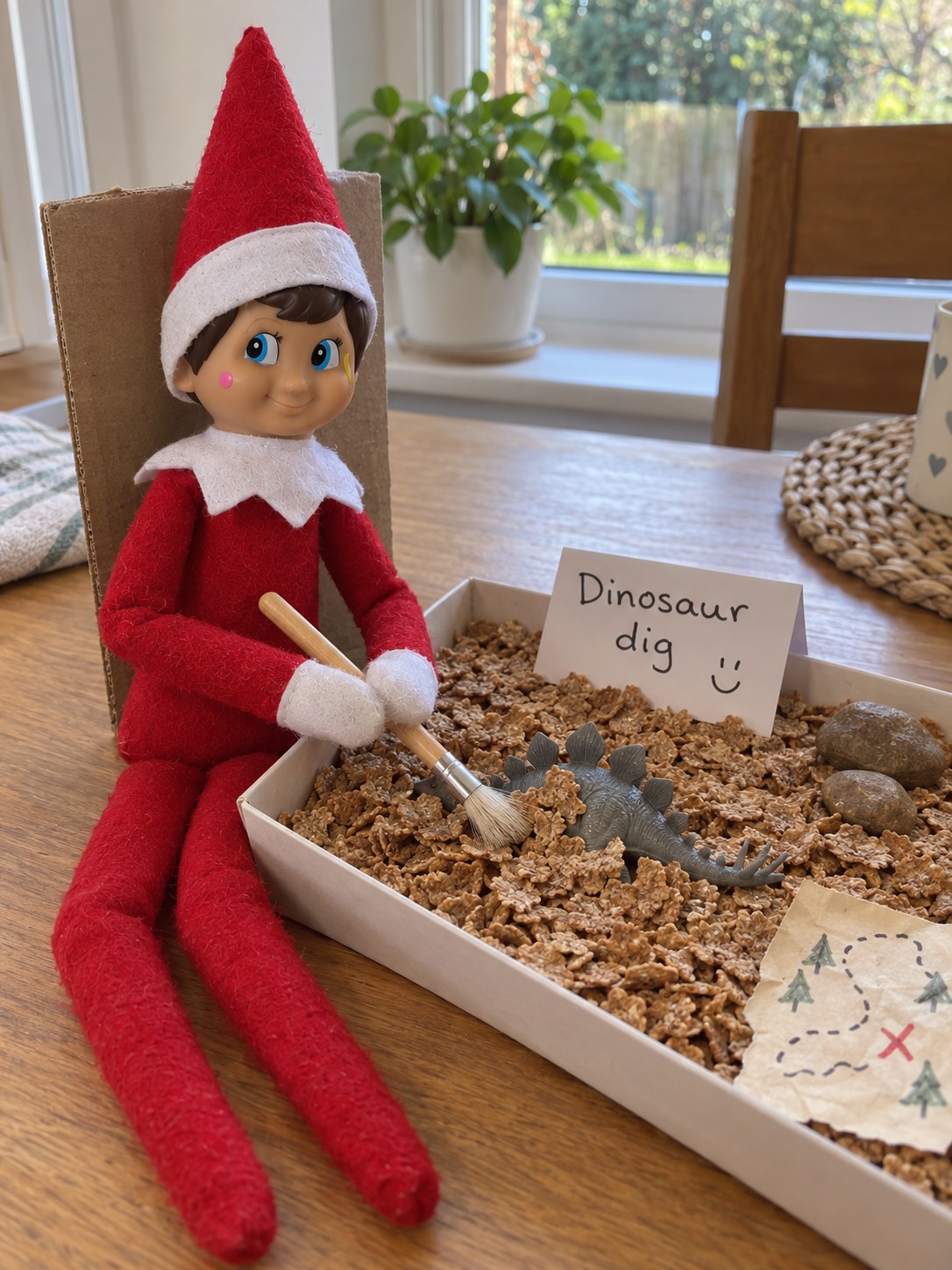 Tom’s elf holding a small paintbrush beside a tray of dry bran cereal with a grey toy stegosaurus partly buried in it.