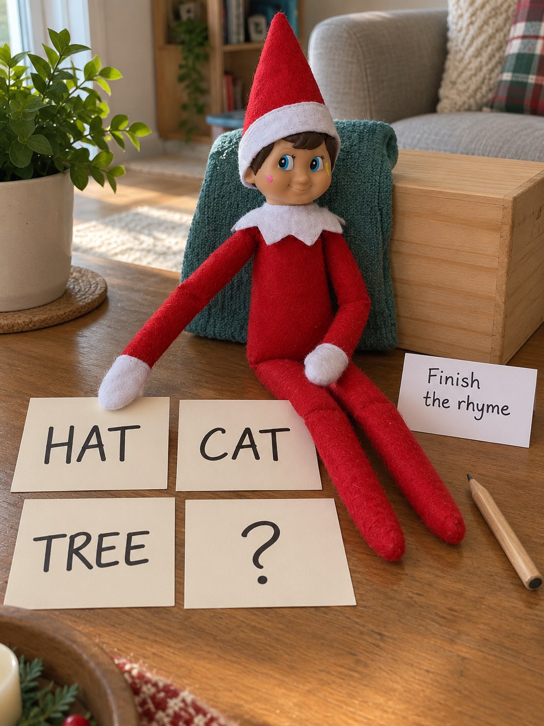 Tom's elf beside four word cards reading HAT, CAT, TREE and a question mark, with a Finish the rhyme note.