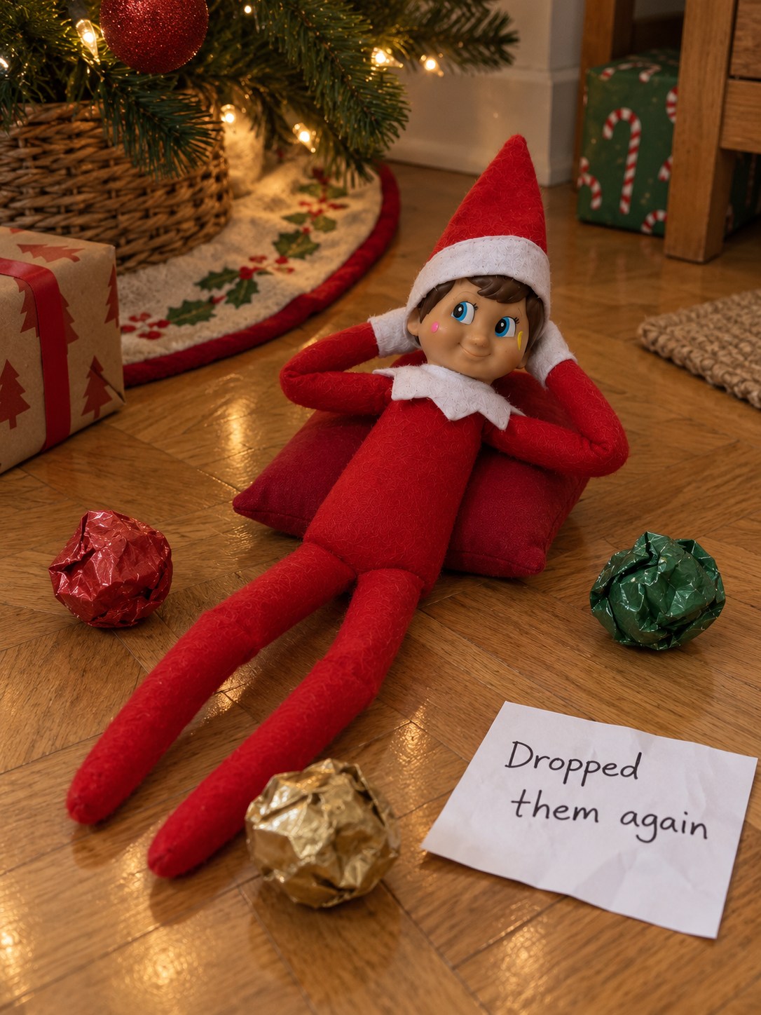 Tom's elf reclining on a red cushion with three crumpled-paper balls around him and a Dropped them again note.