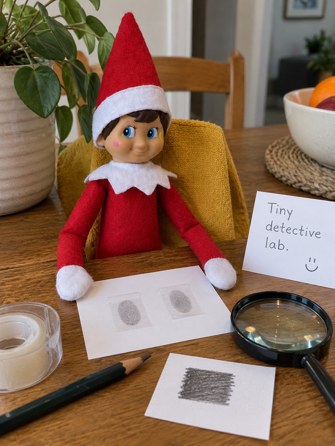 Tom’s elf beside a paper card with two grey demonstration prints under tape, a pencil-shaded patch, clear tape and a Tiny detective lab note.