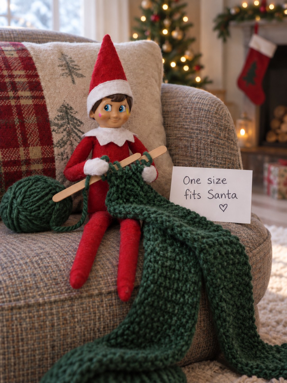 Tom’s elf sitting in an armchair with an oversized green scarf and blunt lolly sticks as pretend knitting needles