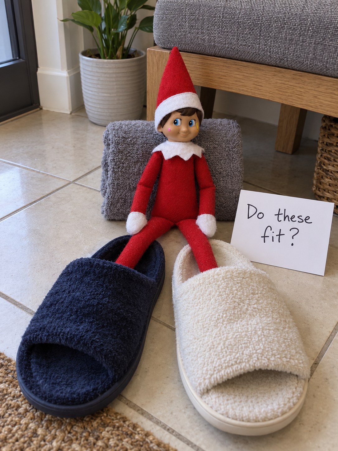 Tom's elf sitting with each red foot in a different oversized adult slipper and a Do these fit note.