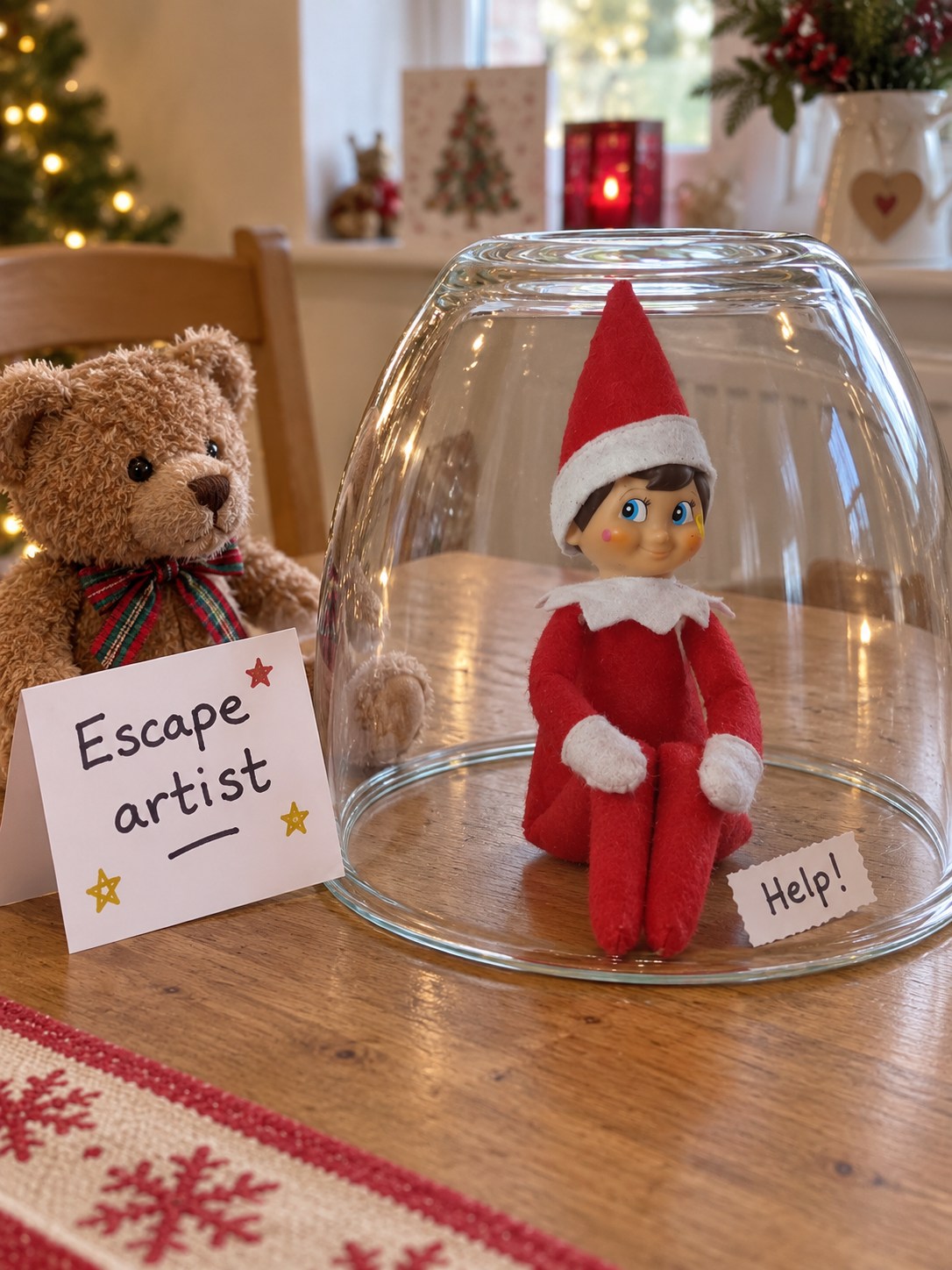 Tom’s elf seated under a clear glass bowl with an escape artist sign and teddy spectator