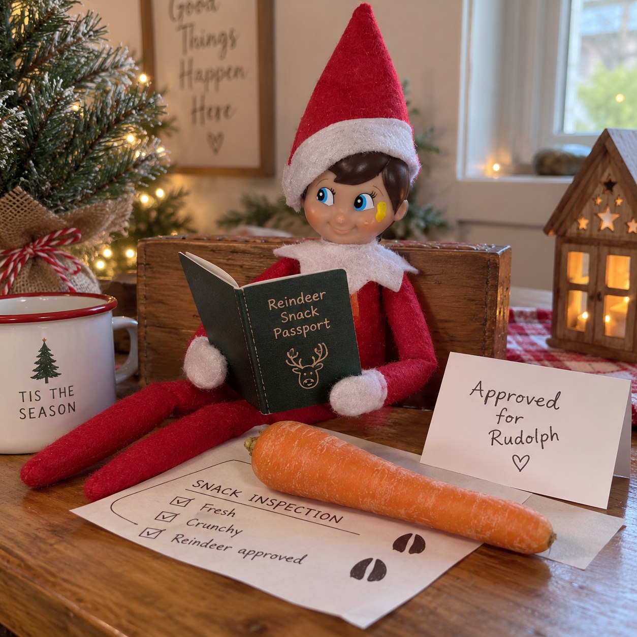 Tom’s yellow-smudged elf holding a Reindeer snack passport beside a carrot on a paper inspection mat and an Approved for Rudolph sign.