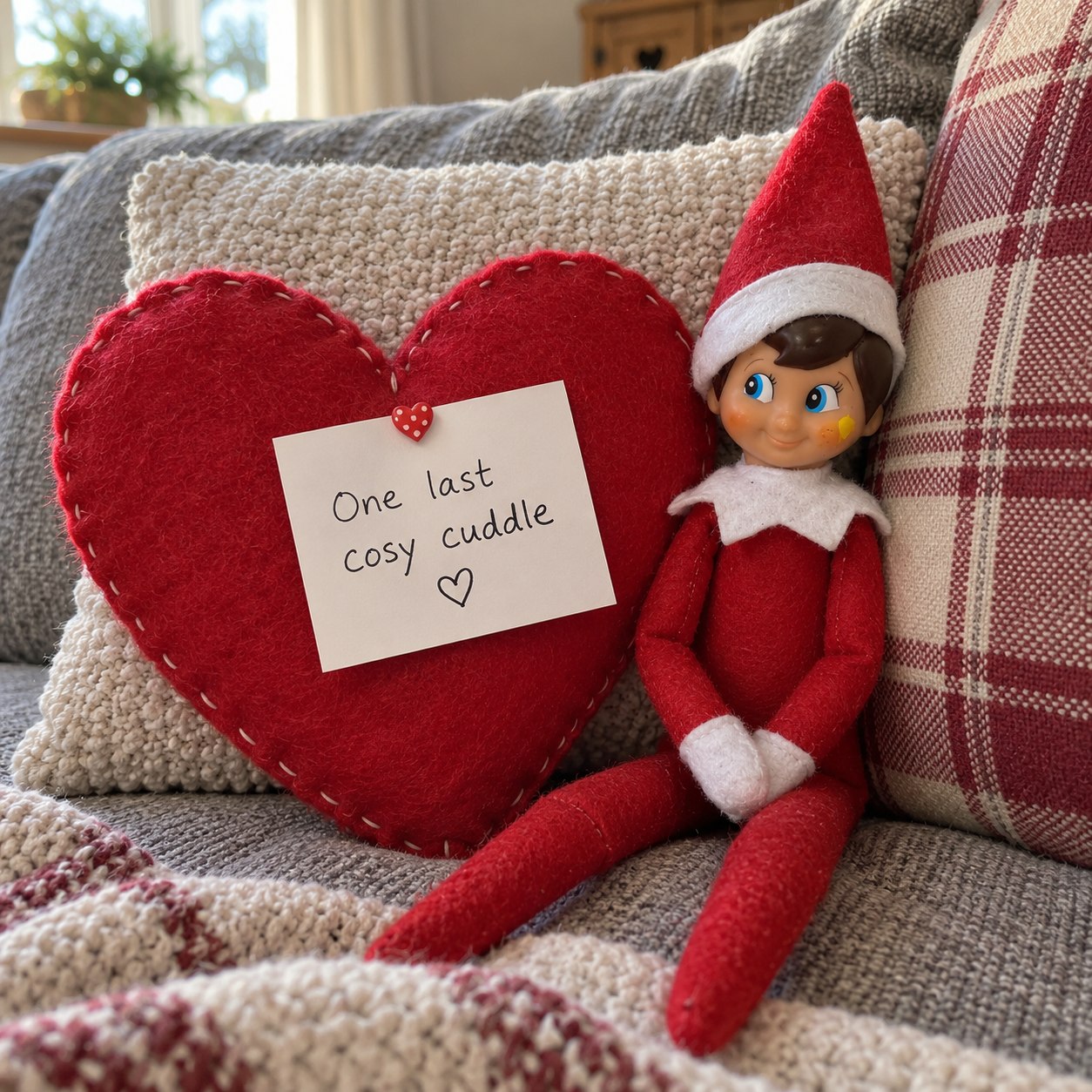 Tom’s yellow-smudged elf beside a red felt heart on a sofa cushion with a One last cosy cuddle message.