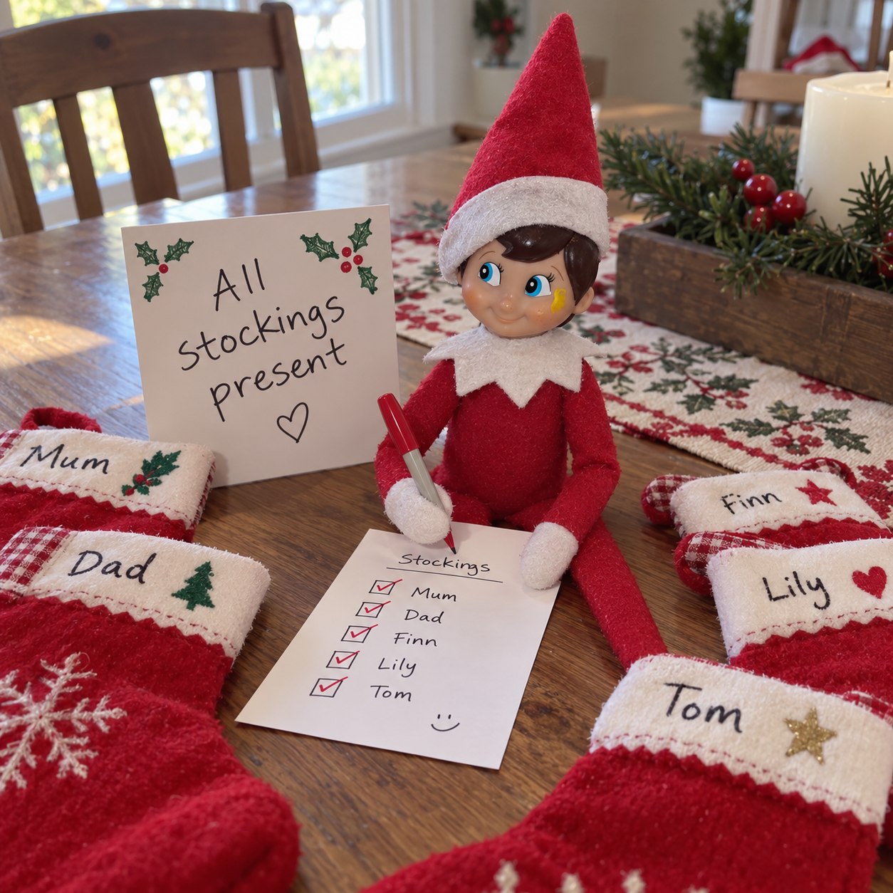 Tom’s yellow-smudged elf checking a row of red family stockings and an all-present roll-call list.