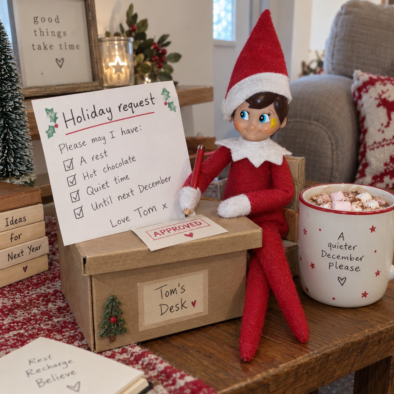Tom’s yellow-smudged elf at a box desk beside a Holiday request form and an Approved note, with a festive mug nearby.