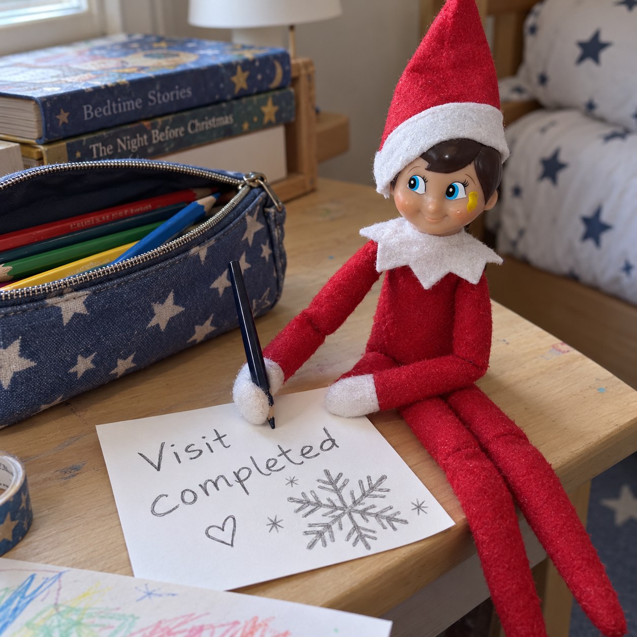 Tom’s yellow-smudged elf beside a pencil case and a Visit completed card with a large drawn snowflake stamp.