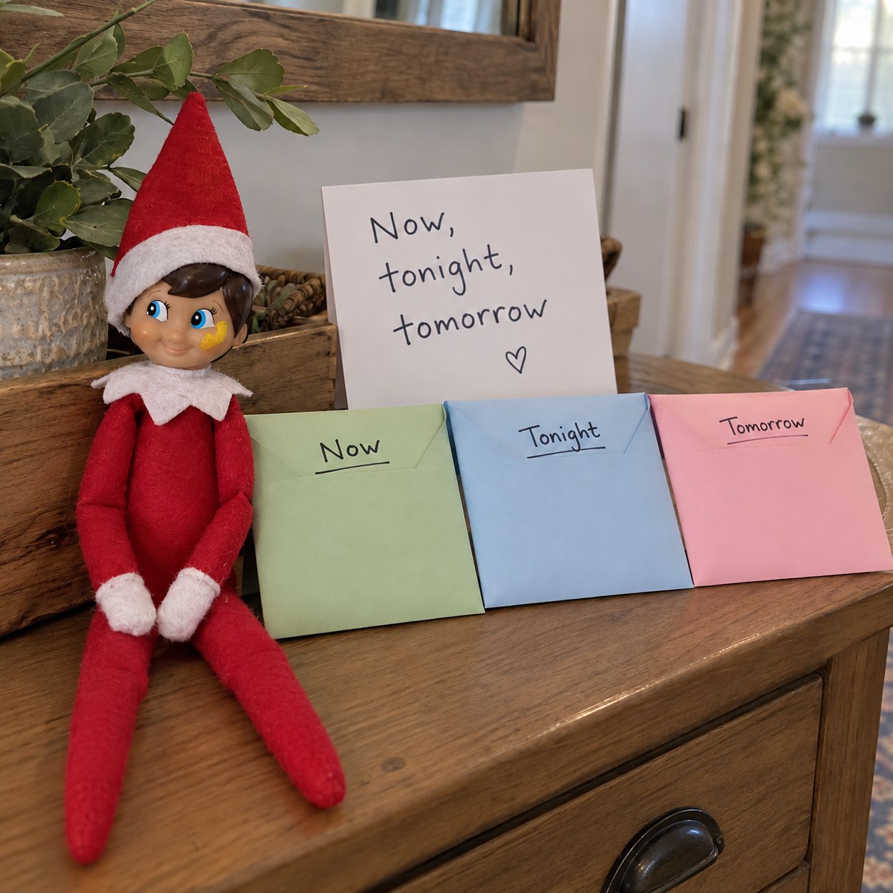 Tom’s yellow-smudged elf beside pastel surprise envelopes labelled Now, Tonight and Tomorrow.