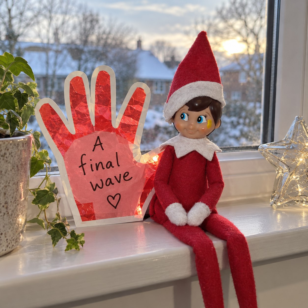 Tom’s yellow-smudged elf seated on a windowsill beside a red translucent paper hand labelled A final wave.