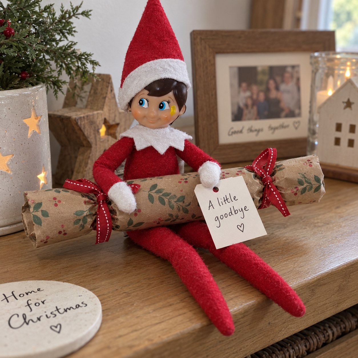 Tom’s yellow-smudged elf holding a large homemade paper cracker with red ribbon ties and an A little goodbye tag.