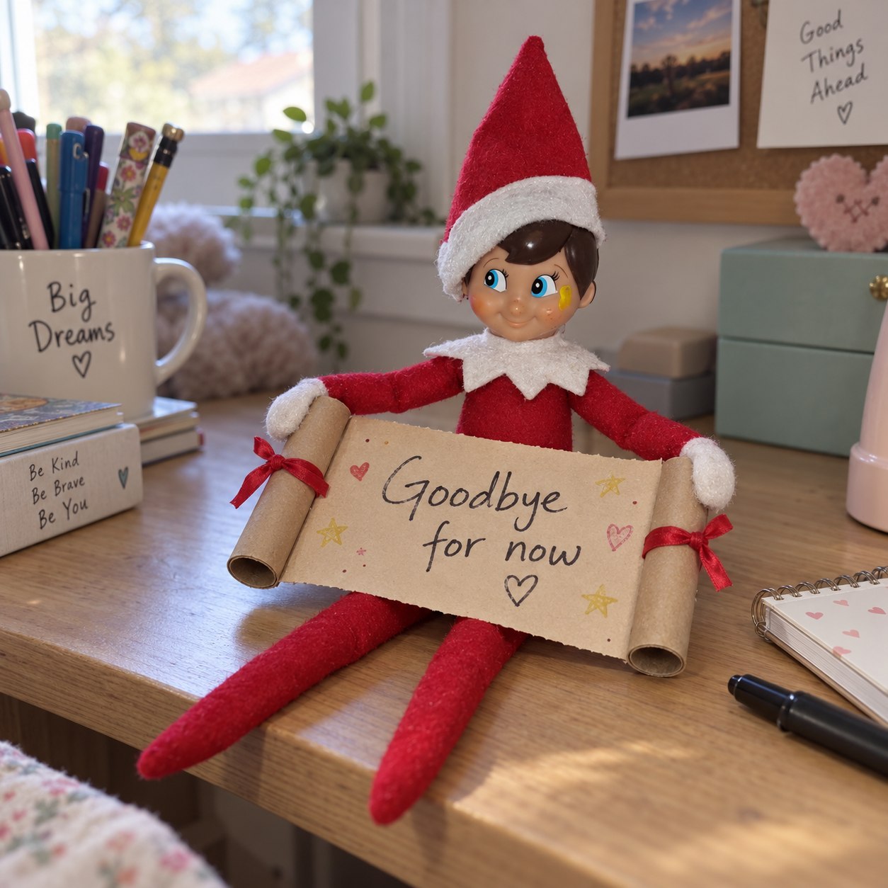 Tom’s yellow-smudged elf holding an open Goodbye for now paper scroll between cardboard tubes tied with red ribbon.