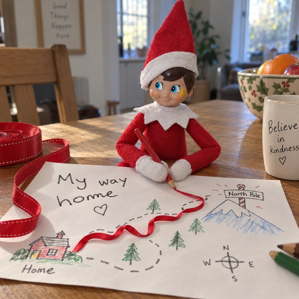 Tom’s yellow-smudged elf tracing a red ribbon route across a hand-drawn map from home to the North Pole.