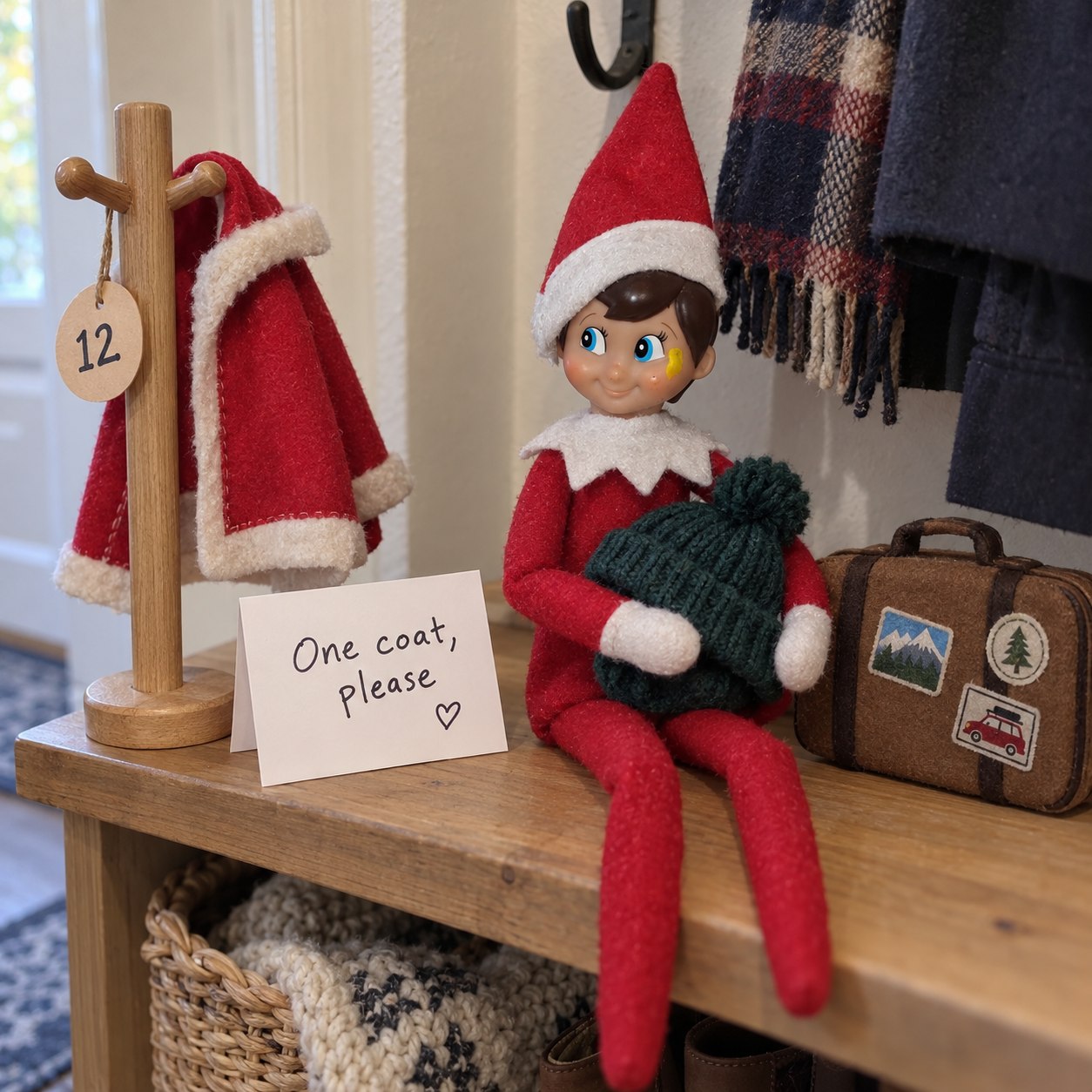 Tom’s yellow-smudged elf beside a miniature coat stand, red felt cloak and numbered collection token.