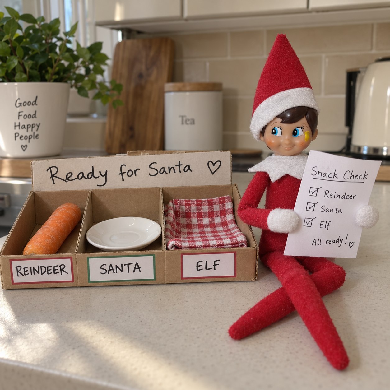 Tom’s elf beside a cardboard Christmas Eve loading bay with a carrot, an empty Santa saucer and a folded-cloth elf seat.