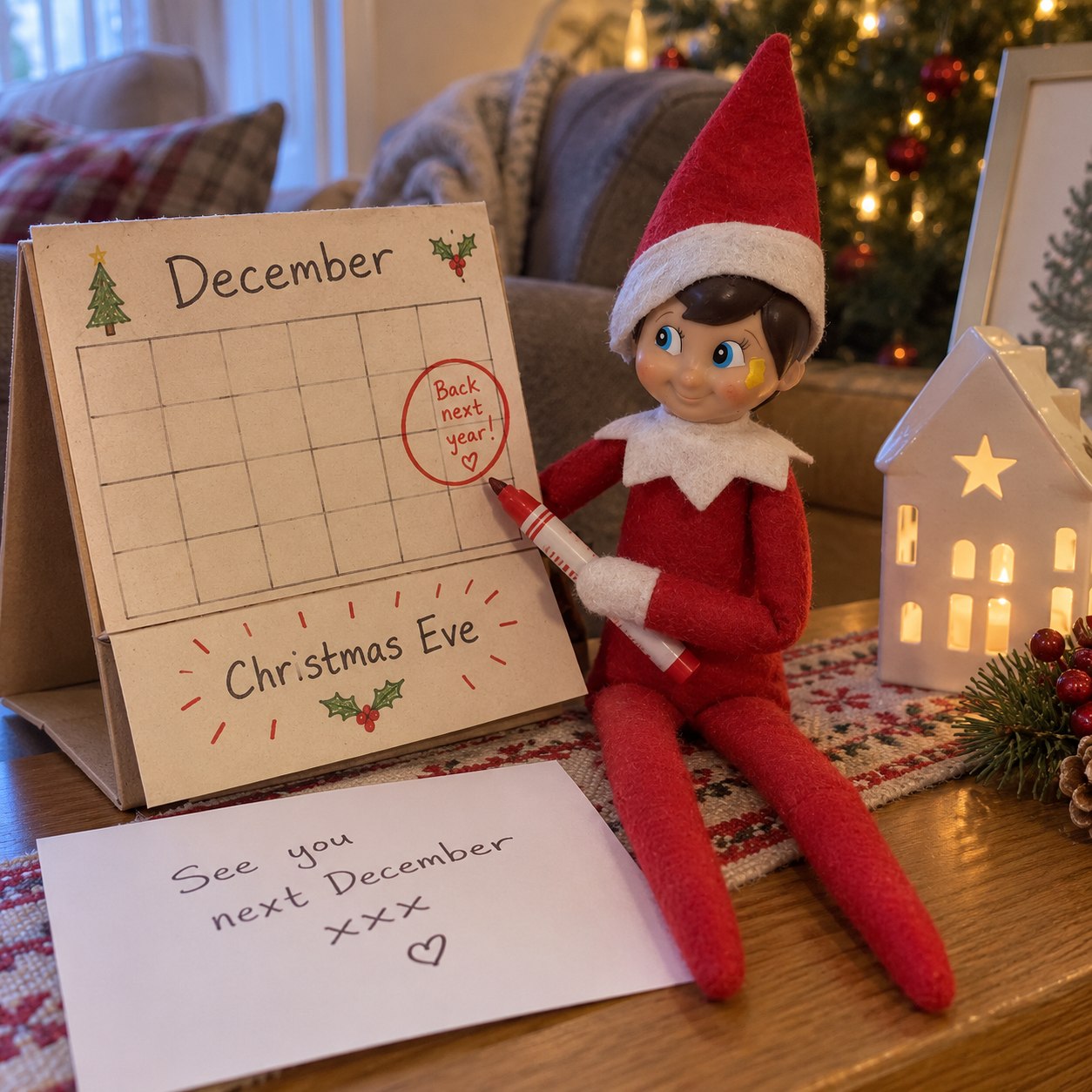 Tom’s yellow-smudged elf beside a handmade December calendar with a Christmas Eve flap and a Back next year message.