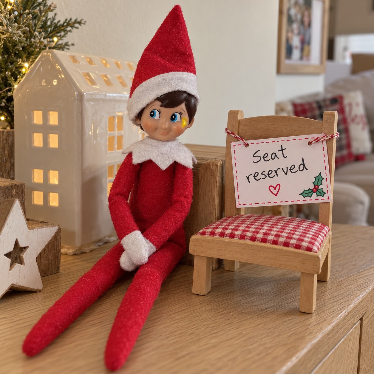 Tom’s yellow-smudged elf beside a tiny wooden chair with an oversized Seat reserved card.