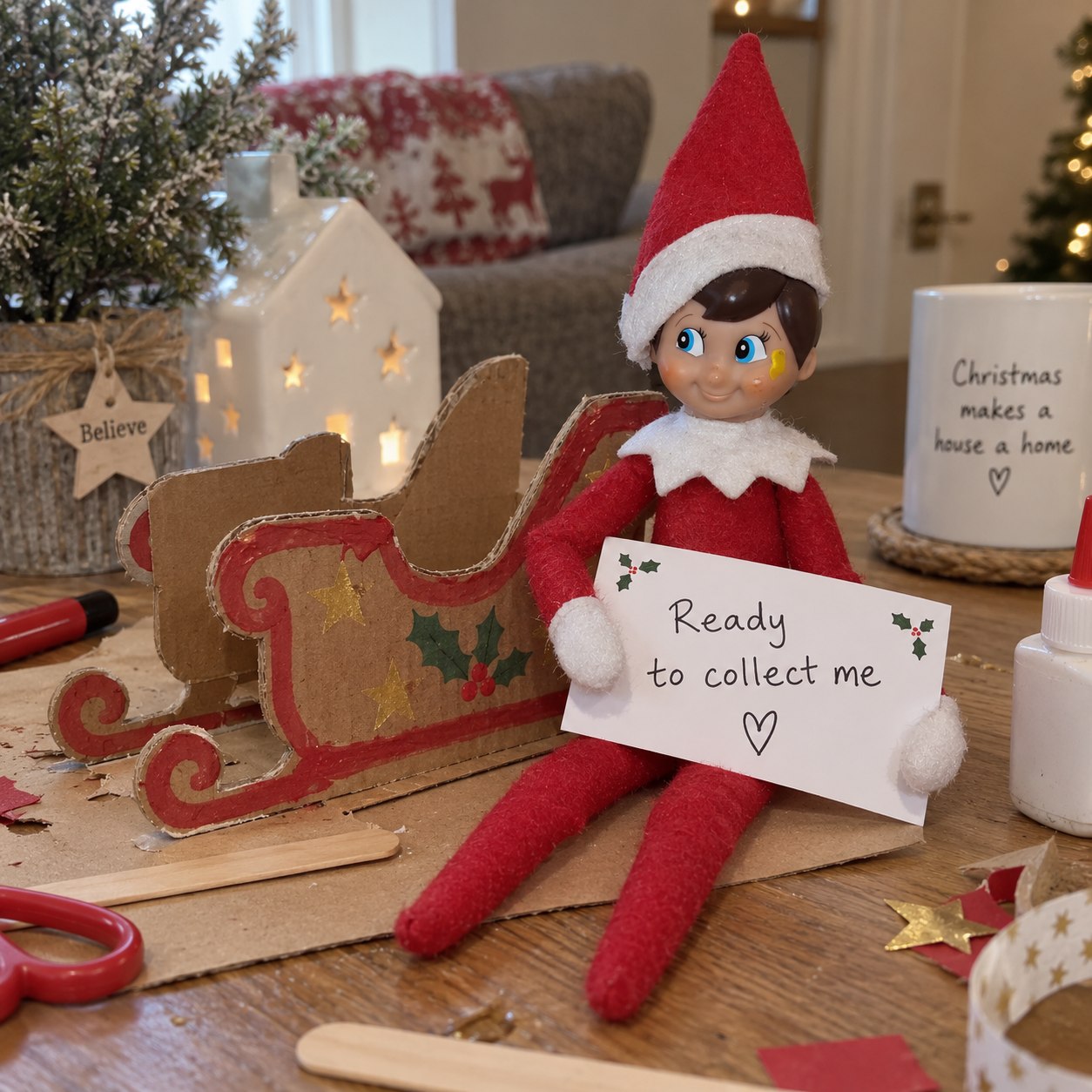 Tom’s yellow-smudged elf beside a cardboard sleigh on a craft mat with wooden sticks, holding a Ready to collect me repair note.