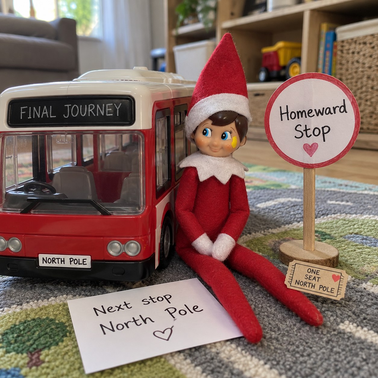 Tom’s yellow-smudged elf beside a red toy bus, handmade homeward-stop sign and North Pole seat ticket.
