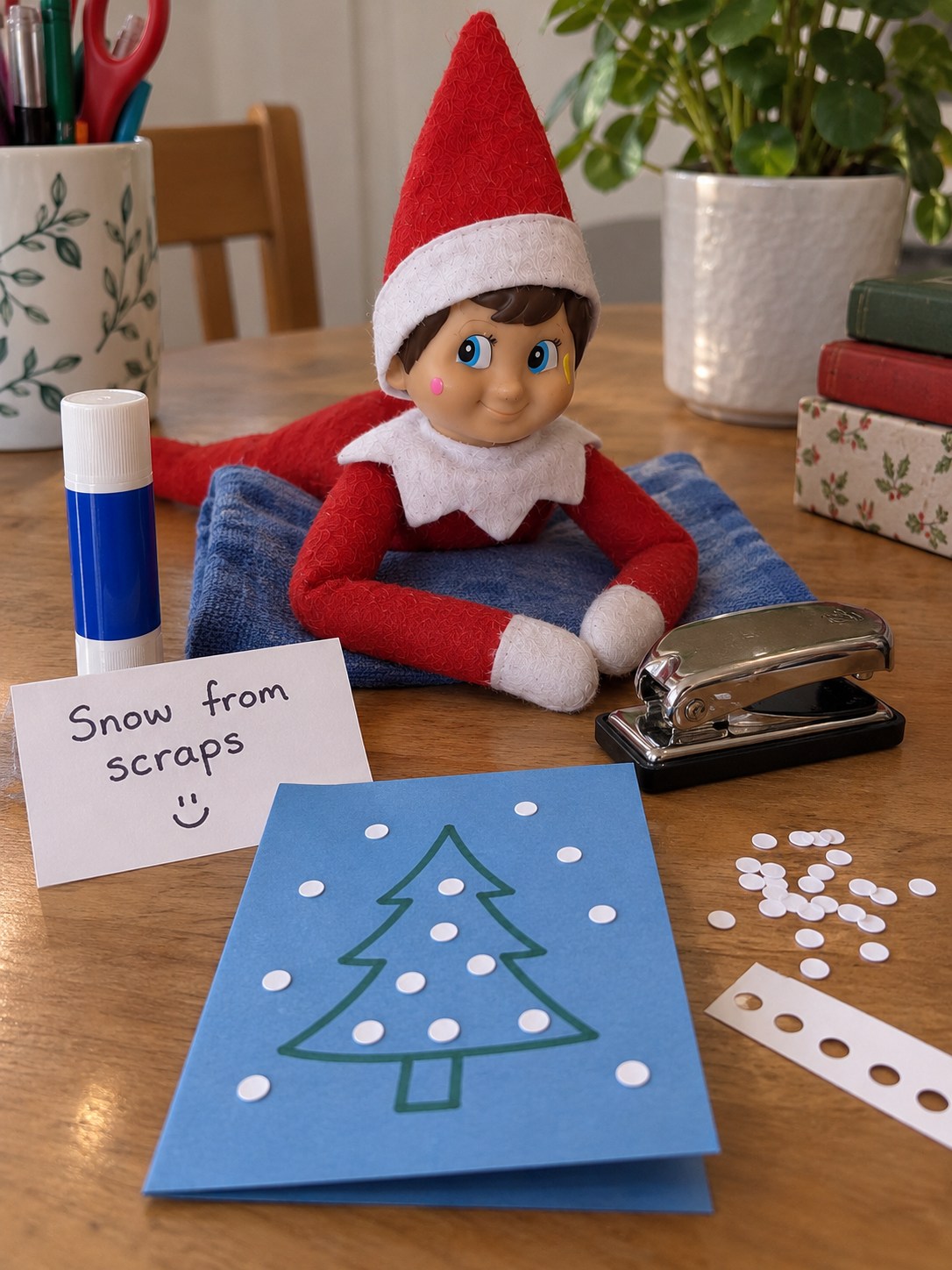 Tom's elf beside an office hole punch and a blue Christmas card decorated with small white paper snow circles.