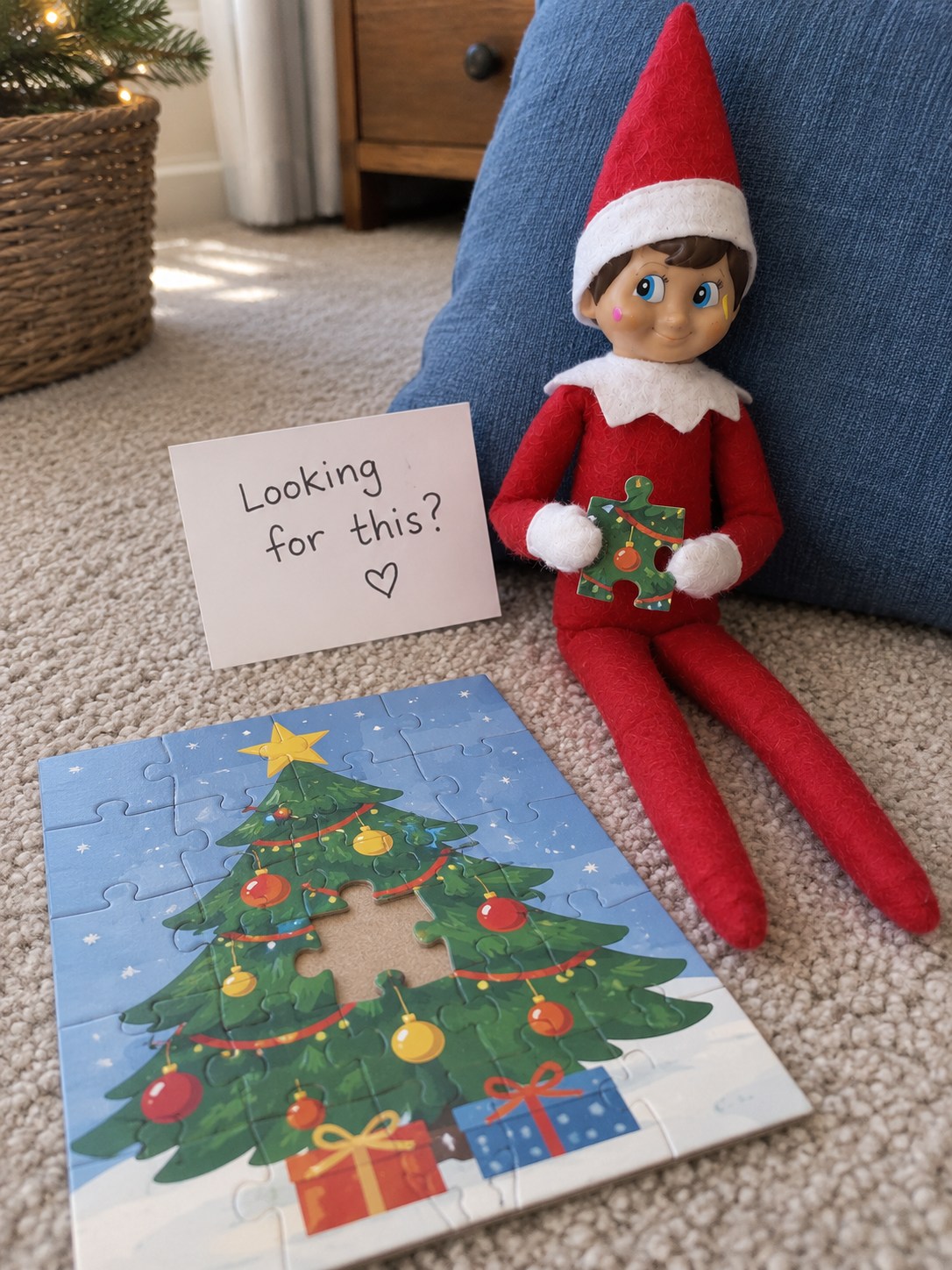 Tom’s elf holding the last piece of an almost-complete children’s Christmas-tree jigsaw beside a Looking for this note.