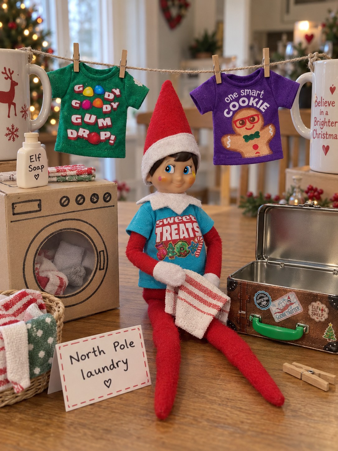 Tom’s elf beside a tiny washing line with green and purple T-shirts and a cardboard washing machine