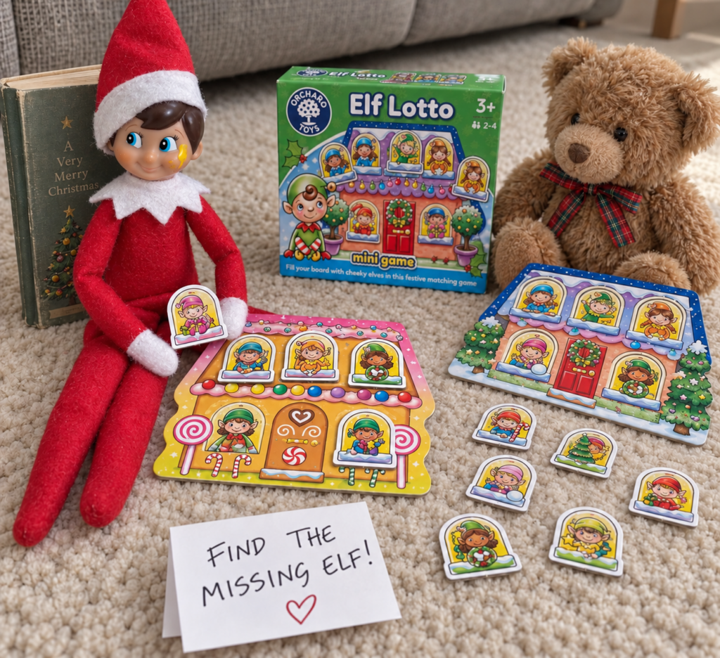 Tom’s elf and a teddy playing Elf Lotto with one uncovered printed window and a missing-elf challenge note