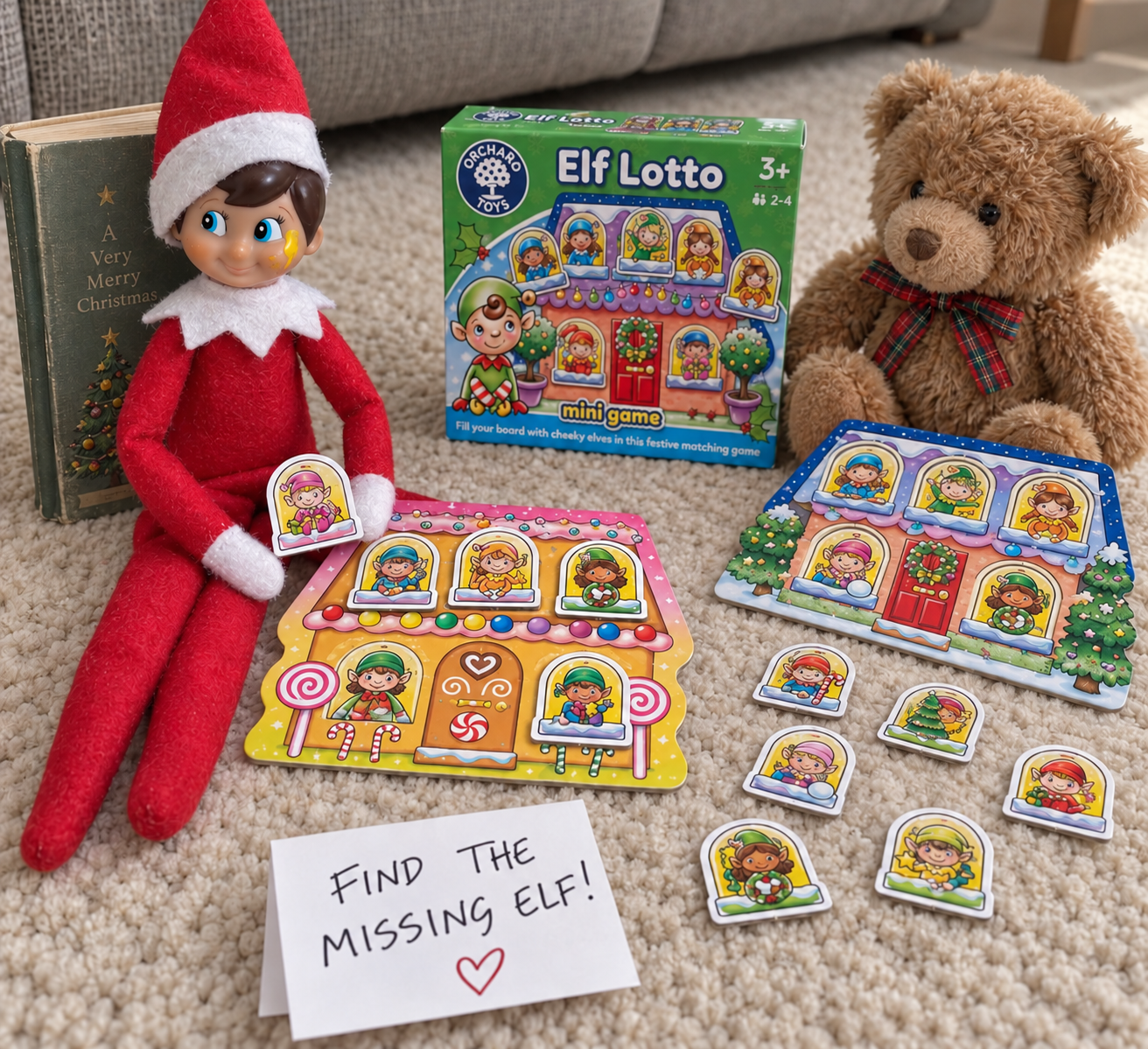 Tom’s elf and a teddy playing Elf Lotto with one uncovered printed window and a missing-elf challenge note
