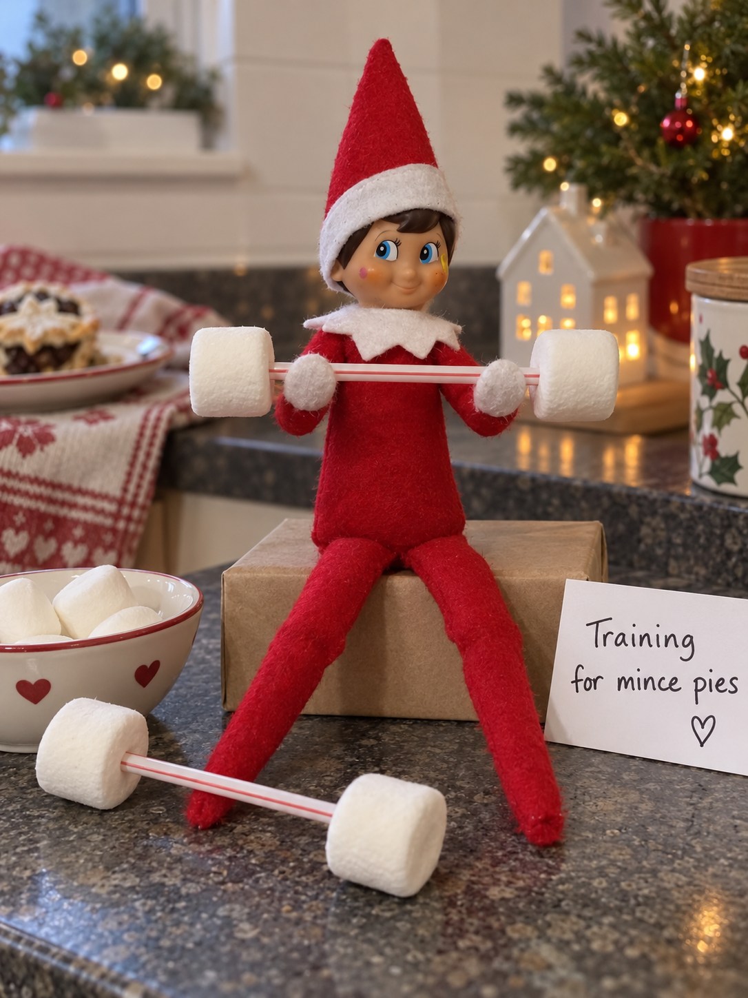Tom’s elf seated on a small box holding a straw barbell with marshmallow weights