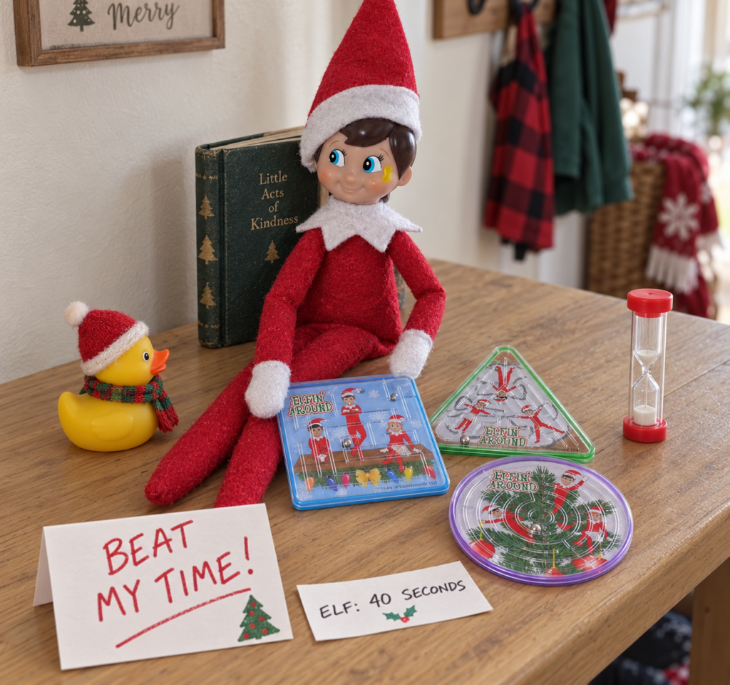 Tom’s elf with blue square, green triangle and purple circle miniature ball mazes and a beat my time note