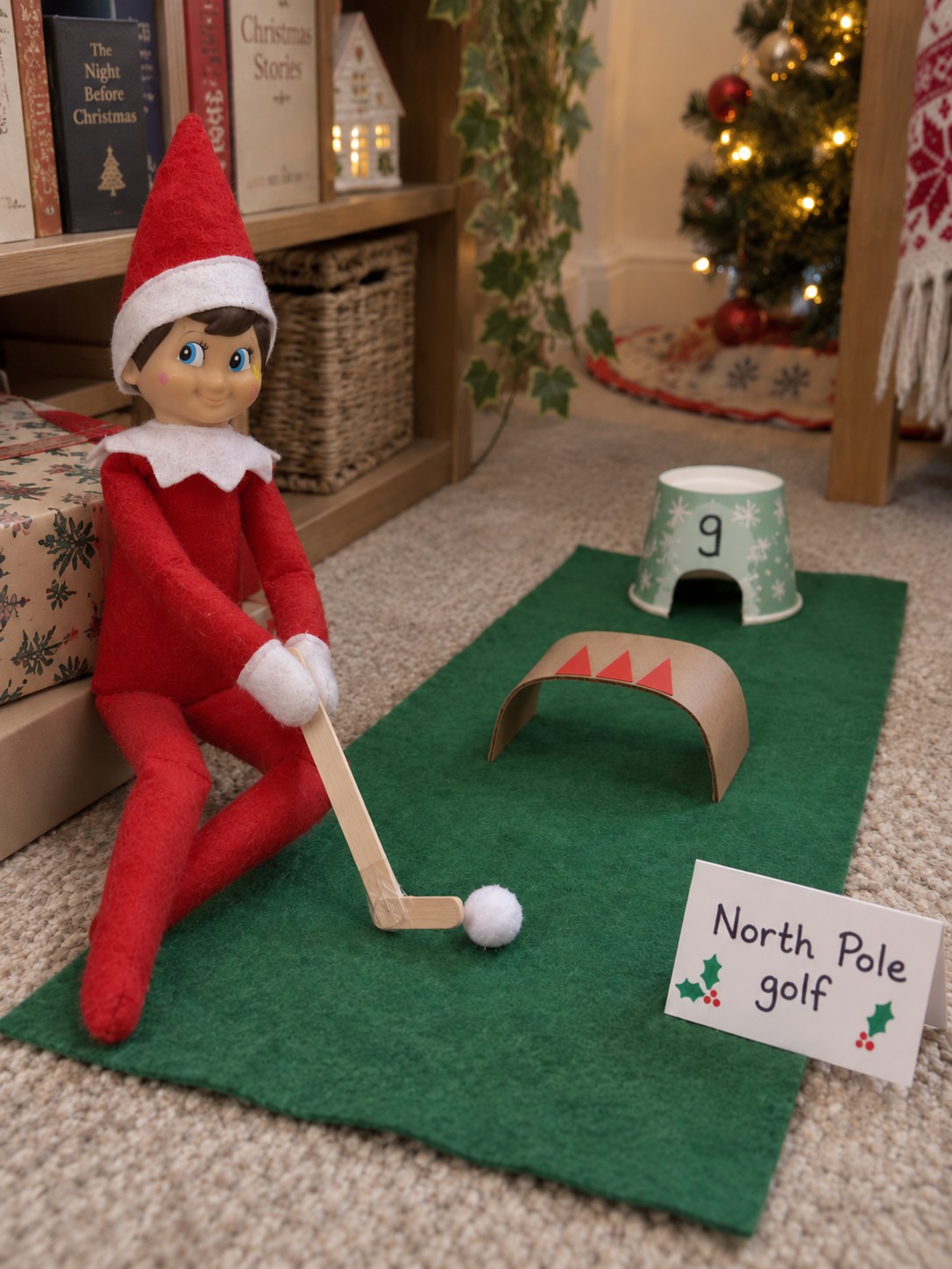Tom’s elf seated beside a green felt mini-golf course with a cardboard tunnel, paper-cup hole and homemade lolly-stick putter.
