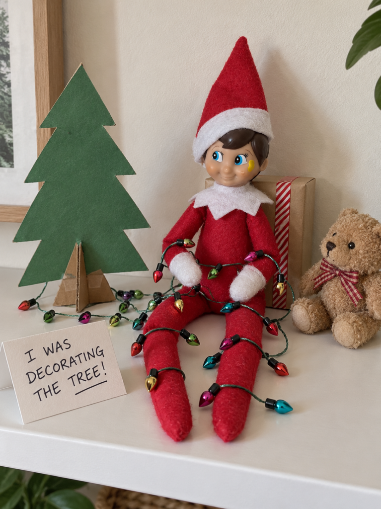 Tom’s elf tangled loosely in non-lighting miniature coloured bulb garlands beside a bare cardboard Christmas tree