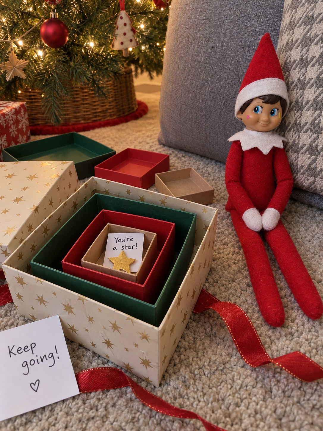 Tom’s elf beside four progressively smaller open gift boxes nested together, with a gold paper star in the smallest box and a Keep going note.