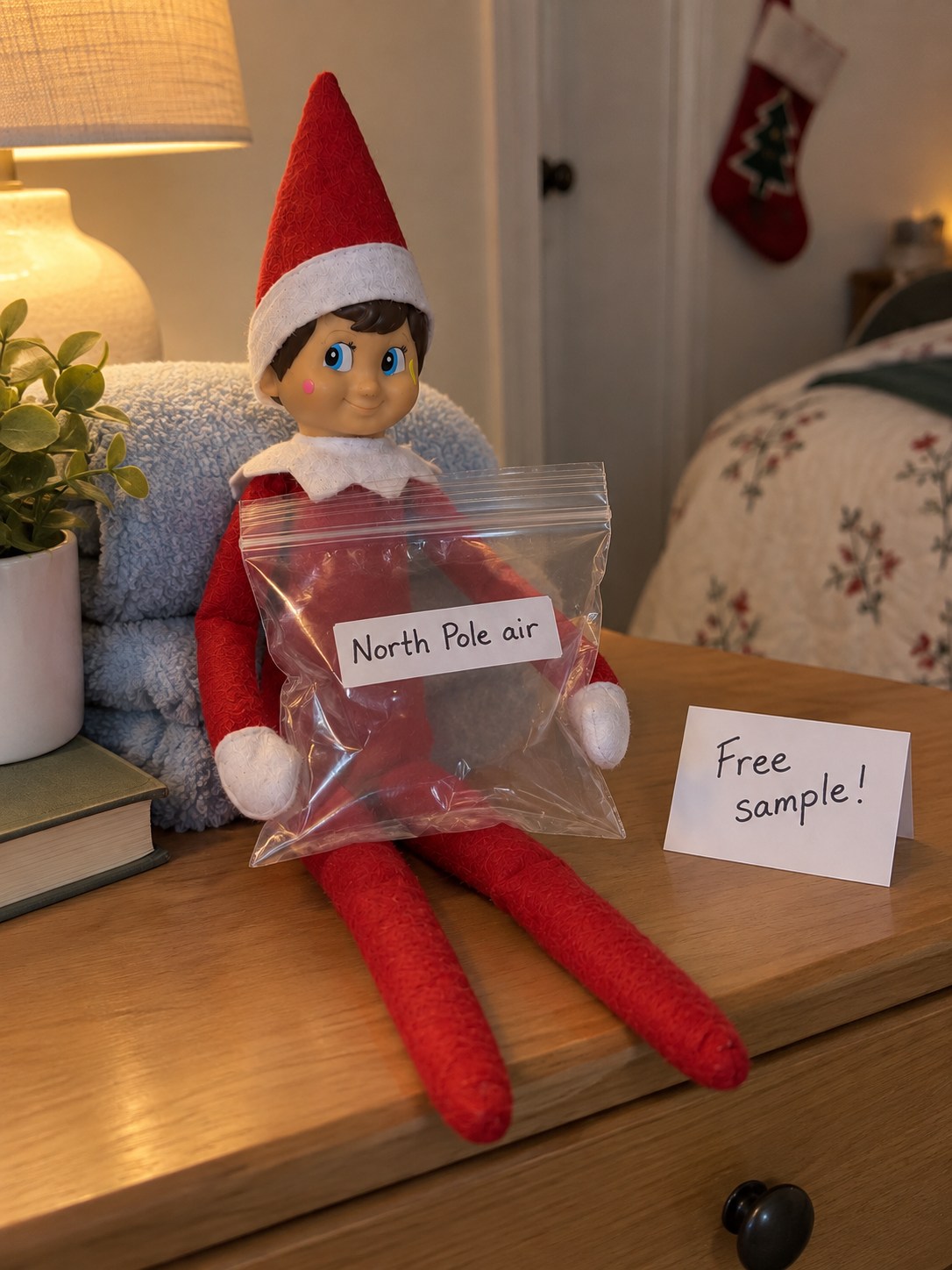 Tom’s elf holding a clear puffed resealable bag labelled North Pole air, with a small Free sample note on a dresser.