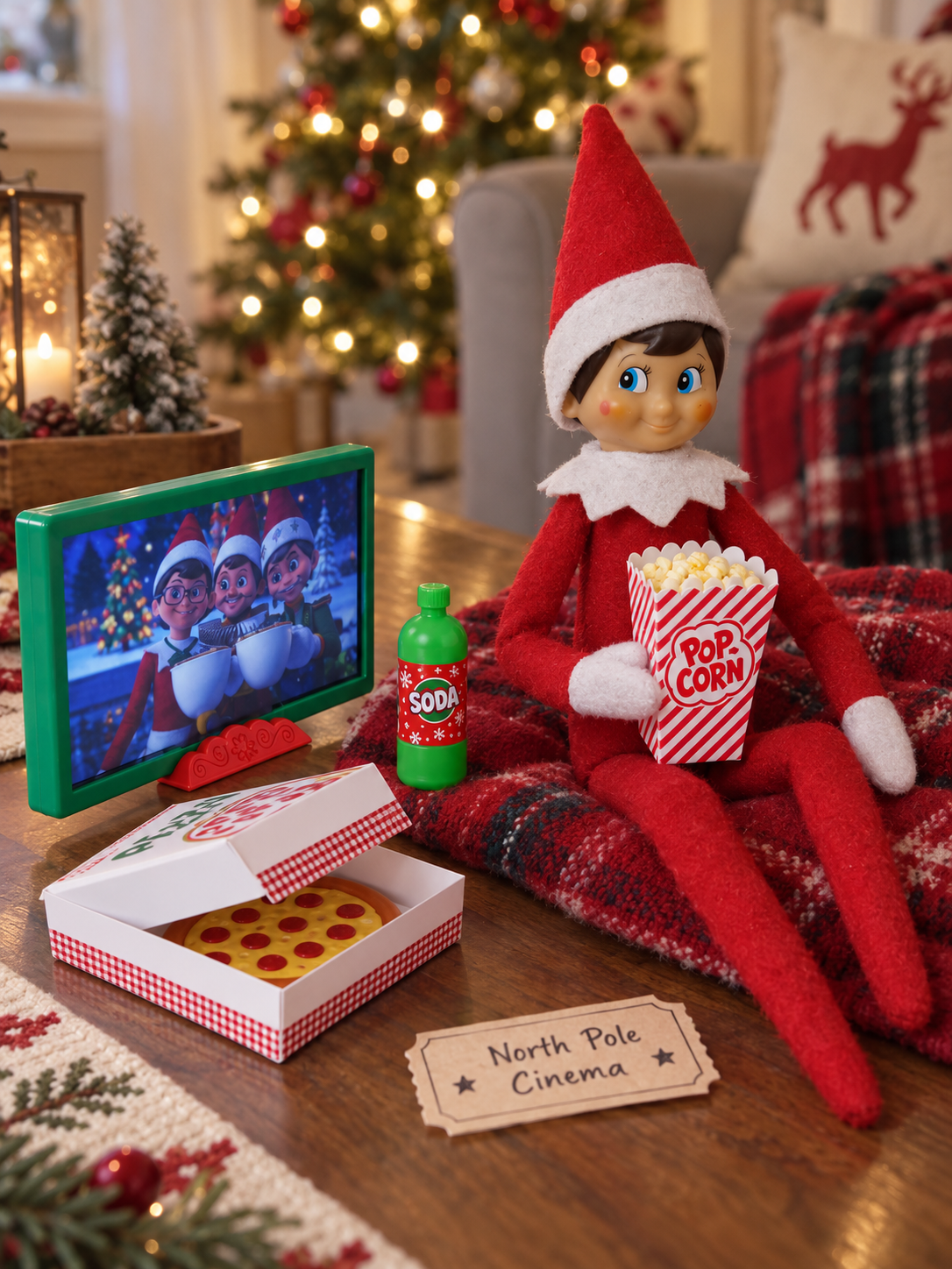 Tom the elf watching a miniature Christmas movie with popcorn, pizza props and a green soda bottle