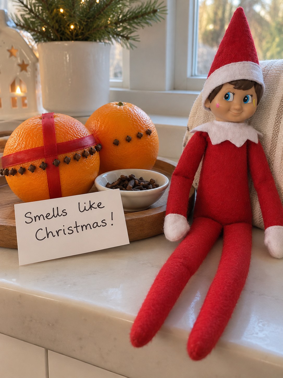Tom’s elf beside two oranges decorated with whole cloves, one tied with red ribbon, and a Smells like Christmas note.