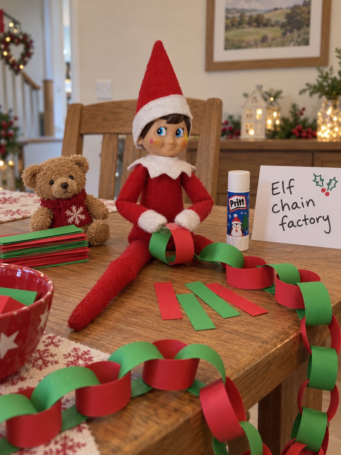Tom’s elf making a red-and-green paper chain at a table with a teddy helper and spare paper strips