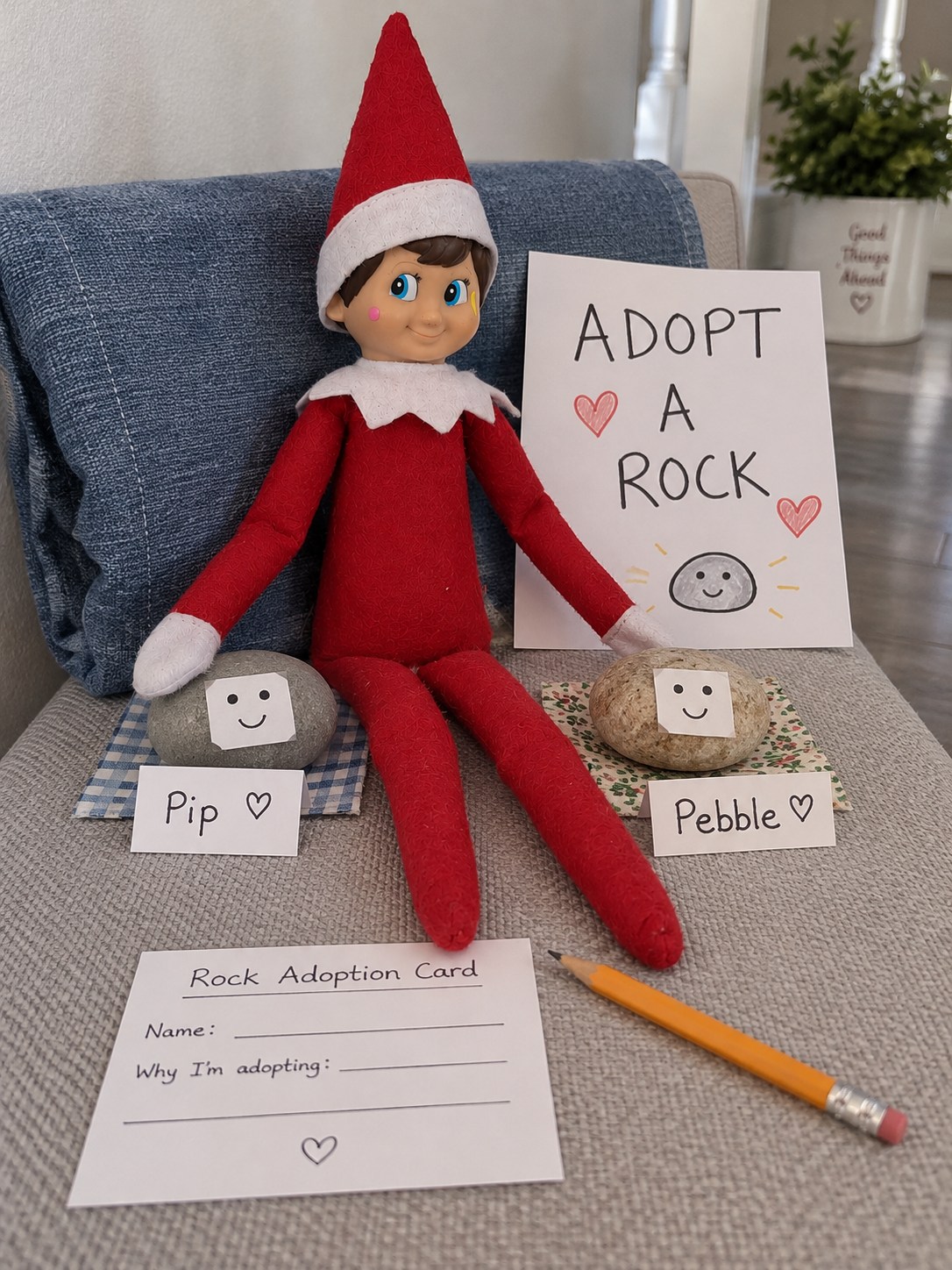 Tom’s elf at a pet rock adoption desk with two pebbles wearing paper faces, Pip and Pebble labels and an Adopt a rock sign.
