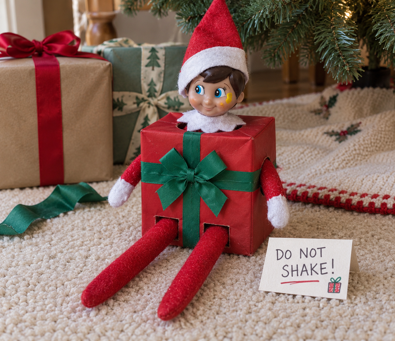 Tom’s elf dressed as a homemade red gift box with green ribbon, red legs and a do not shake note
